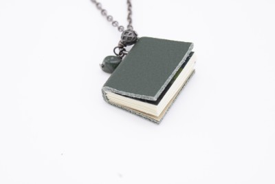 short chain dark green book necklace