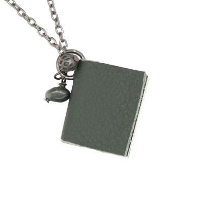 short chain dark green book necklace