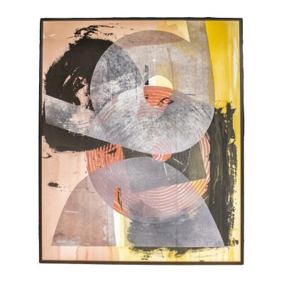 a framed print with a palette of pink, coral, yellow, black, and grey