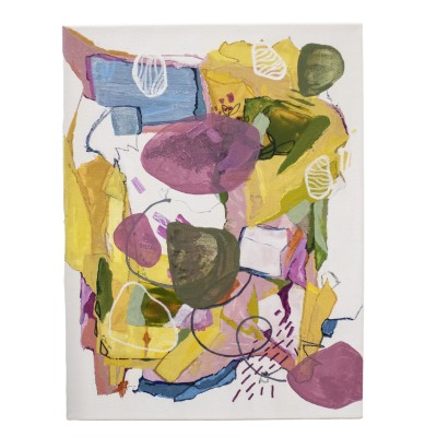 a painting with a palette of pinks, blues, yellows, and greens with white details