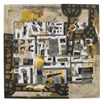 a mixed media piece with a palette of beige, greys, browns, yellows, and greens