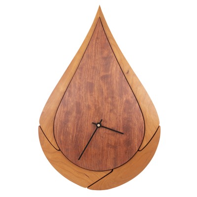 a gorgeous teardrop shaped clock made of bubinga and cherry wood