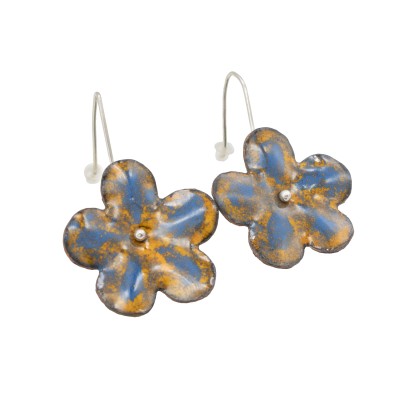 handmade yellow and blue flower earrings made of sterling silver and copper enamel