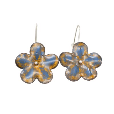 handmade yellow and blue flower earrings made of sterling silver and copper enamel