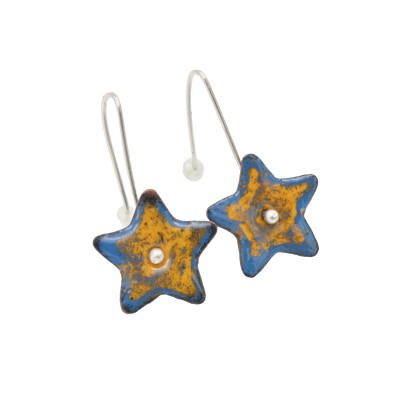 handmade yellow and blue star earrings made of sterling silver and copper enamel