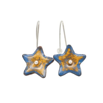 handmade yellow and blue star earrings made of sterling silver and copper enamel