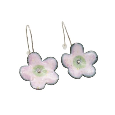 handmade pink flower earrings made of sterling silver and copper enamel