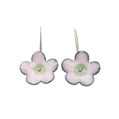 handmade pink flower earrings made of sterling silver and copper enamel