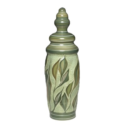tall green leaf and striped lid porcelain jar