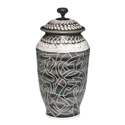 black handle carved lavender and turquoise ceramic jar
