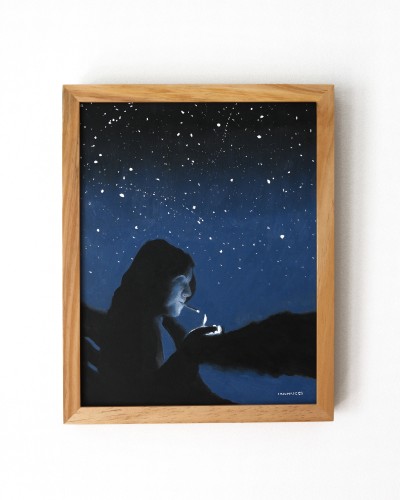 wooden framed painting based on the 'Smoke on the Hudson' cocktail from Lento's