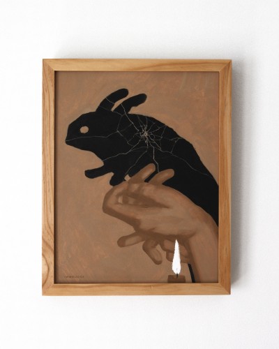 a wooden framed painting based off a 'Glass Hands' cocktail from Good Luck