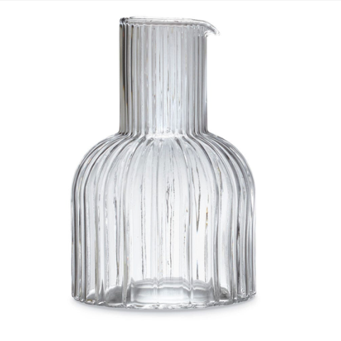 round ridged Glass Carafe body and cylindrical top with subtle spout.