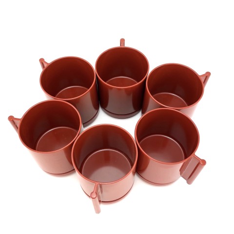 Red Cup and Saucer Set of Six arranged in a circle.