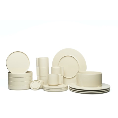 Casigliani ivory colored Dish Set with 4 Dinner dishes, 4 Medium Bowls, 4 Small Dishes, 1 Serving Bowl, and 6 Cups and Saucers. 