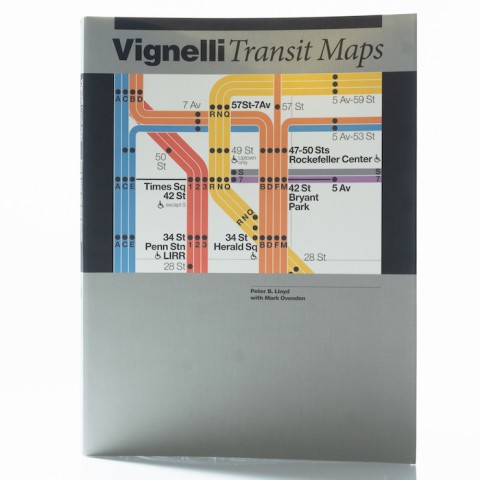 book cover showing a section from the Vignelli Transit Maps on a gray and black background.