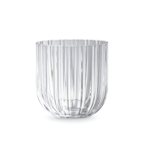 ridged clear glass cup.