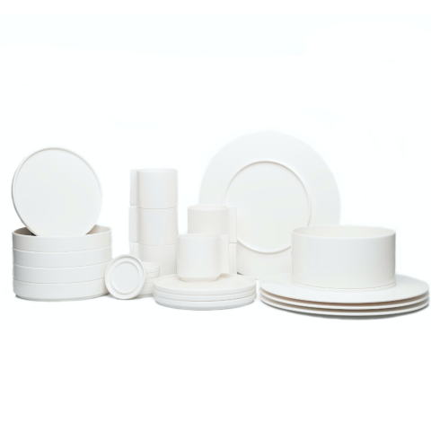 Casigliani white colored Dish Set with 4 Dinner dishes, 4 Medium Bowls, 4 Small Dishes, 1 Serving Bowl, and 6 Cups and Saucers. 
