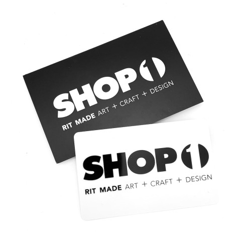 a black and white image of a gift card with text 'Shop One'.