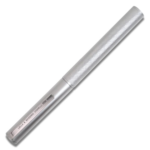 a silver tone pen with a textured and knurled barrel and an all brushed metal cap. 
