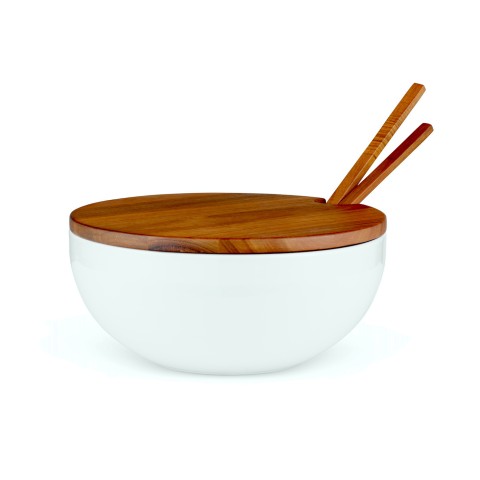 a smooth white ceramic salad bowl with a natural wood lid and two serving utensils.