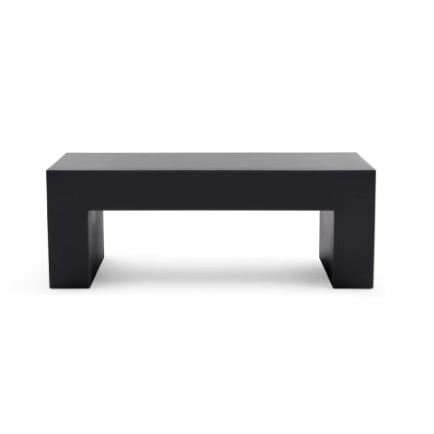 a streamlined, dark grey plastic cube shaped bench with no adornment.