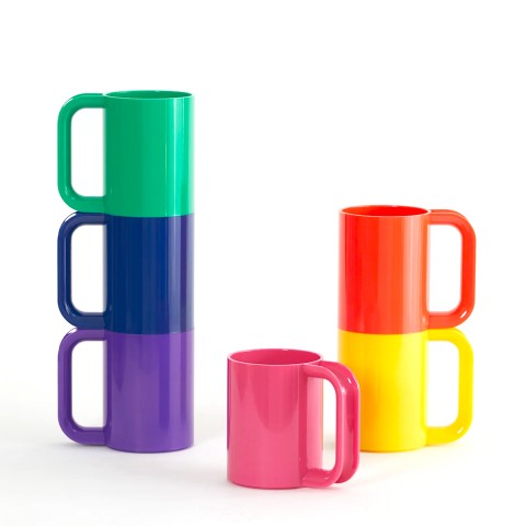 a group of six bright solid color mugs with handles in yellow, orange, red, blue, green and purple.