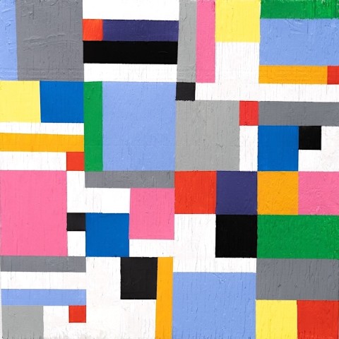 a painting on a square format with an underlying pencil grid with blocks of color painted in floating on open white ares of space. 
