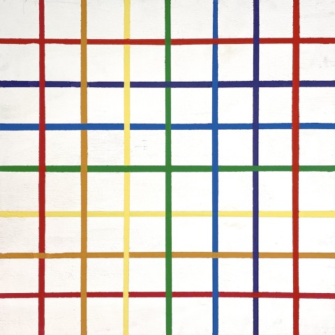 a square painting of a grid of colored lines overlapping.