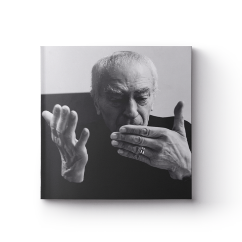 a book cover featuring a black and white portrait of Massimo Vignelli and the title 'Vignelli: Photographs by Gary Hustwit'