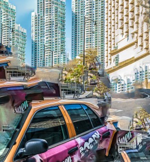 a print containing a digital merging of the street view of Miami containing a taxi with advertising of a close up of a woman's face on the side as well as several buildings, trees, and a bicycle. 