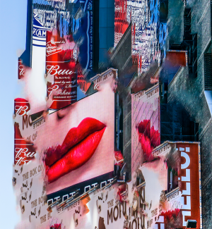 a print containing a digital collage of billboards from new york city containing a close up of a woman's lips and beverage advertising. 