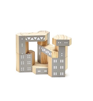 A unique set of stacked wooden building blocks in grey with white windows.