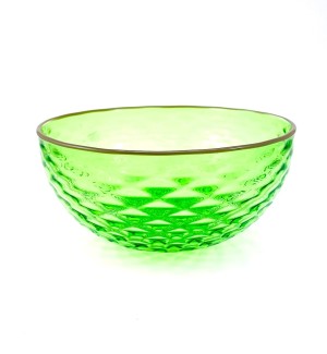 A green glass bowl with a grey rim and an optical texture.