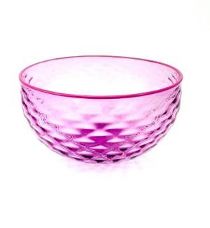 A pink glass bowl with a red rim and an optical texture.