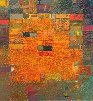 Encaustic painting with a large orange mass in the center with smaller blocks of muted colors around the edges.