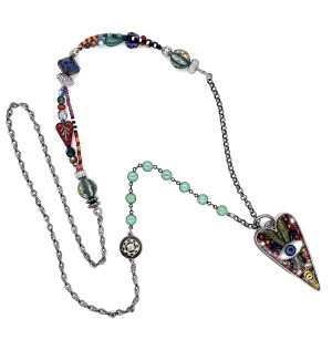 Necklace with a chain containing sections of an assortment of colorful beads and a pendant in the shape of a long, colorful heart with an eye with a blue pupil in the center.