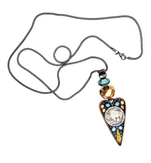 Necklace with a silver chain and three beads above a long heart pendant containing colorful beads and a nickel with a buffalo on it.