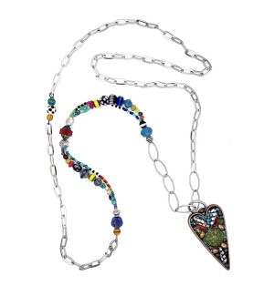 Necklace with a chain containing sections of an assortment of colorful beads and a pendant in the shape of a long, colorful heart.