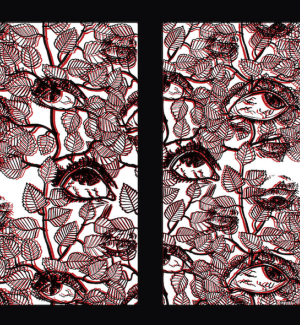 Diptych print of eyeballs and leaves, three layers of colors are offset creating a three dimensional effect.