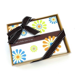 Boxed notecard set with blue and orange flower pattern and text 'Just a little note to say...'
