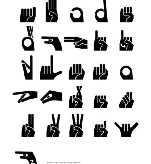Poster with graphic representations of American Sign Language letter signs.