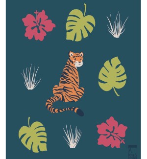 Print with a curious looking orange tiger in the center surrounded by green monstera leaves, pink hibiscus flowers and white grasses.