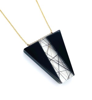 black Inverted Trapezoid Pendant with the middle clear resin with suspended string on a gold chain.