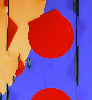 an abstract picture containing photographic elements to create large shapes of color, including a large swath of yellow and blue with red circles and red and black elements.