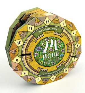 A fold out book with an illustration of a floral clock on the cover and the text '24 hour flowers'