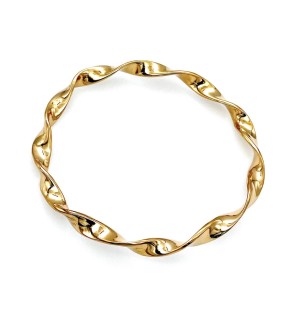 A bronze colored bracelet with a wide twisted pattern.