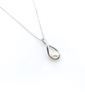 A silver infinity shaped pendant with a white pearl on the bottom.