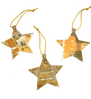 Three yellow star shaped ornaments made of cut circuit board  hung on a yellow string.