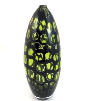 Handblown black colored Glass Bullet shaped Vessel with lime green spot pattern.